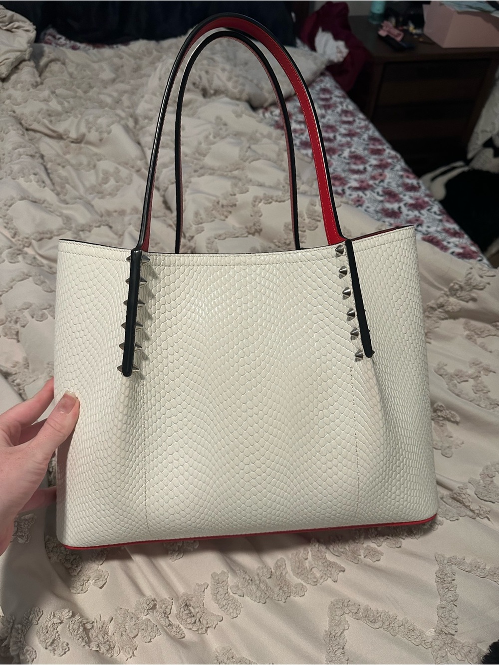 Christian Louboutin White Textured Tote with Red Trim and Black Accents